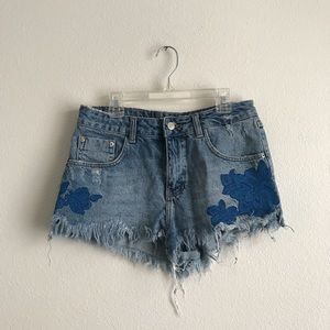 Zara Floral Embroidered High Waisted Jean Shorts